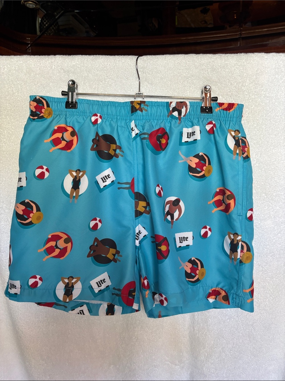 Men's  Miller Lite Blue Swim Trunks with Summer Float Print NWT